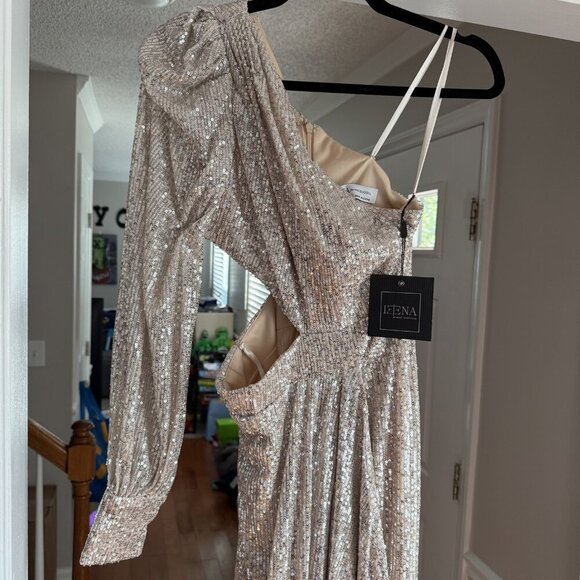 NWT Ieena for Mac Duggal Dress Silver One Shoulder Sequin Gown Slit Formal - Picture 7 of 13